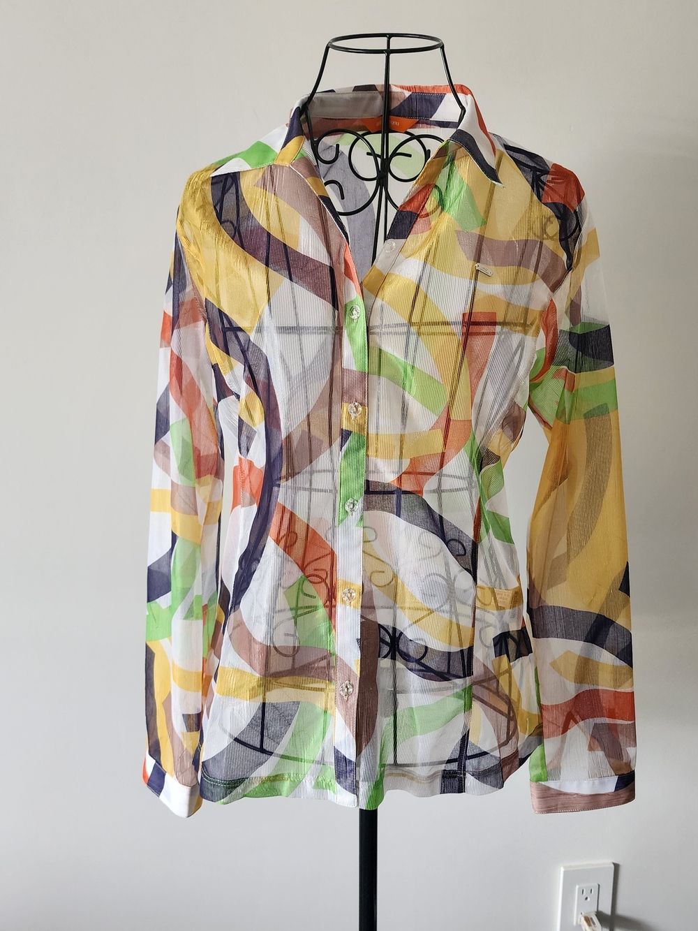 All For You Sheer Mesh Geometric Button Up Blouse Medium Multicolor Abstract